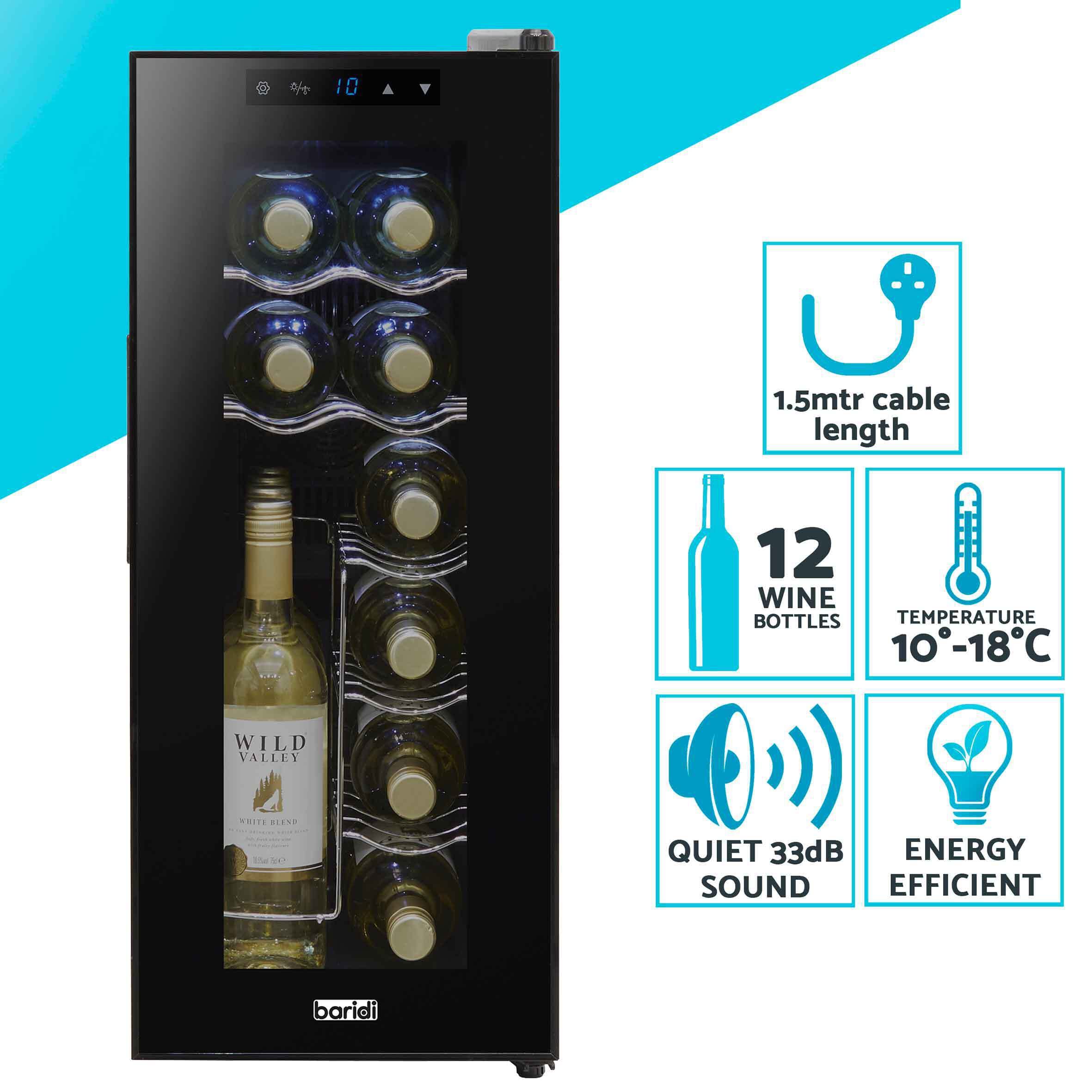 Baridi 12 Bottle Wine Cooler with Digital Touch Screen Controls & LED
