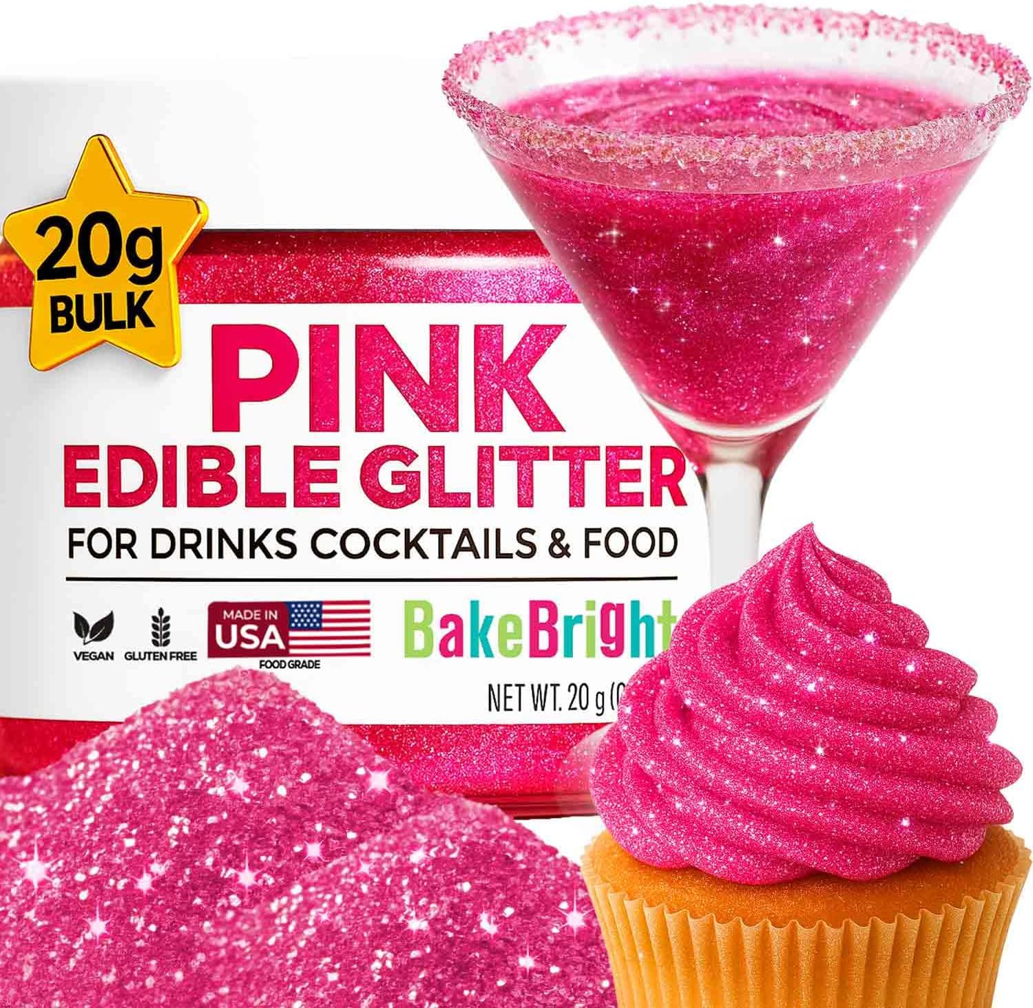 Bulk (20g) Pink Edible Glitter for Drinks | Premium Pink Edible Glitter for Cakes Drink - Shimmer Glitters Cake Decorations for Strawberries Cocktail Shimmering