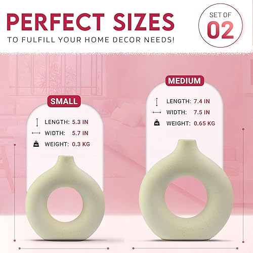 Miniatura 2 de Juego de 2 jarrones de cerámica blanca, jarrón de donas para hierba de las pampas, jarrón minimalista nórdico moderno para bodas, cenas, fiestas,