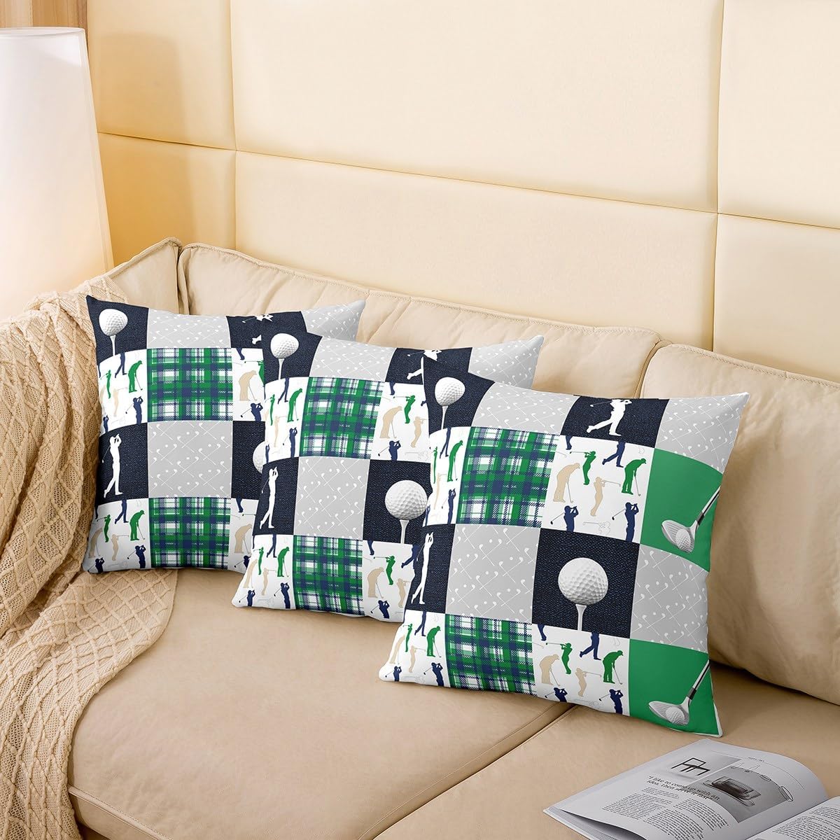 Homewish Golf Themed Throw Pillow Covers Watercolor Green Blue Gray Grid Stripes Cushion Covers for Kids Teens Adults Extreme Sports Game Style Cushion Cases for Bedroom Sofa Car 22x22 Inch Set of 2