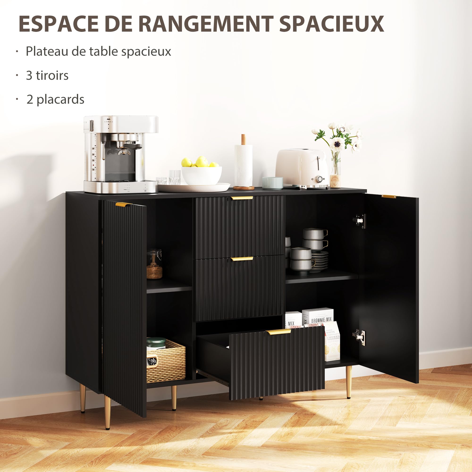 HOMCOM Buffet avec 3 Tiroirs Étagères Réglables 120 x 40 x 90 cm Noir