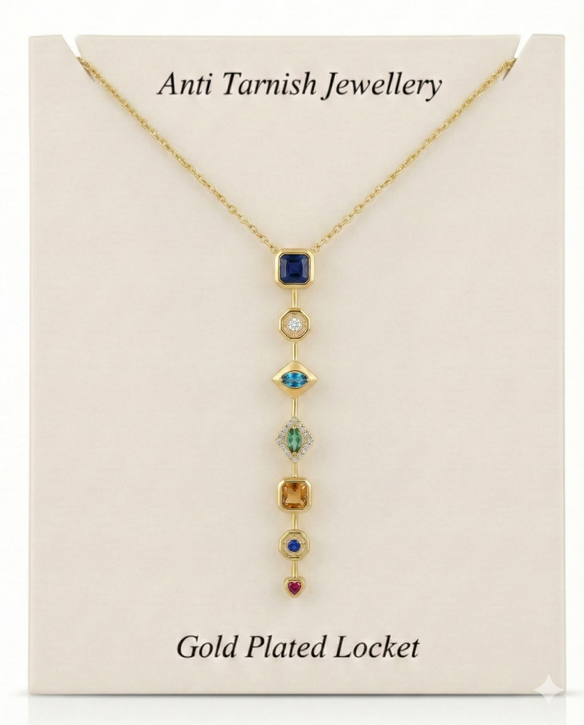 Anti Tarnish Pendant Necklace for Women | 7 Stone Multi-Color Elegant Multiple Stone Chain for Women | Luxury Gold Plated Locket