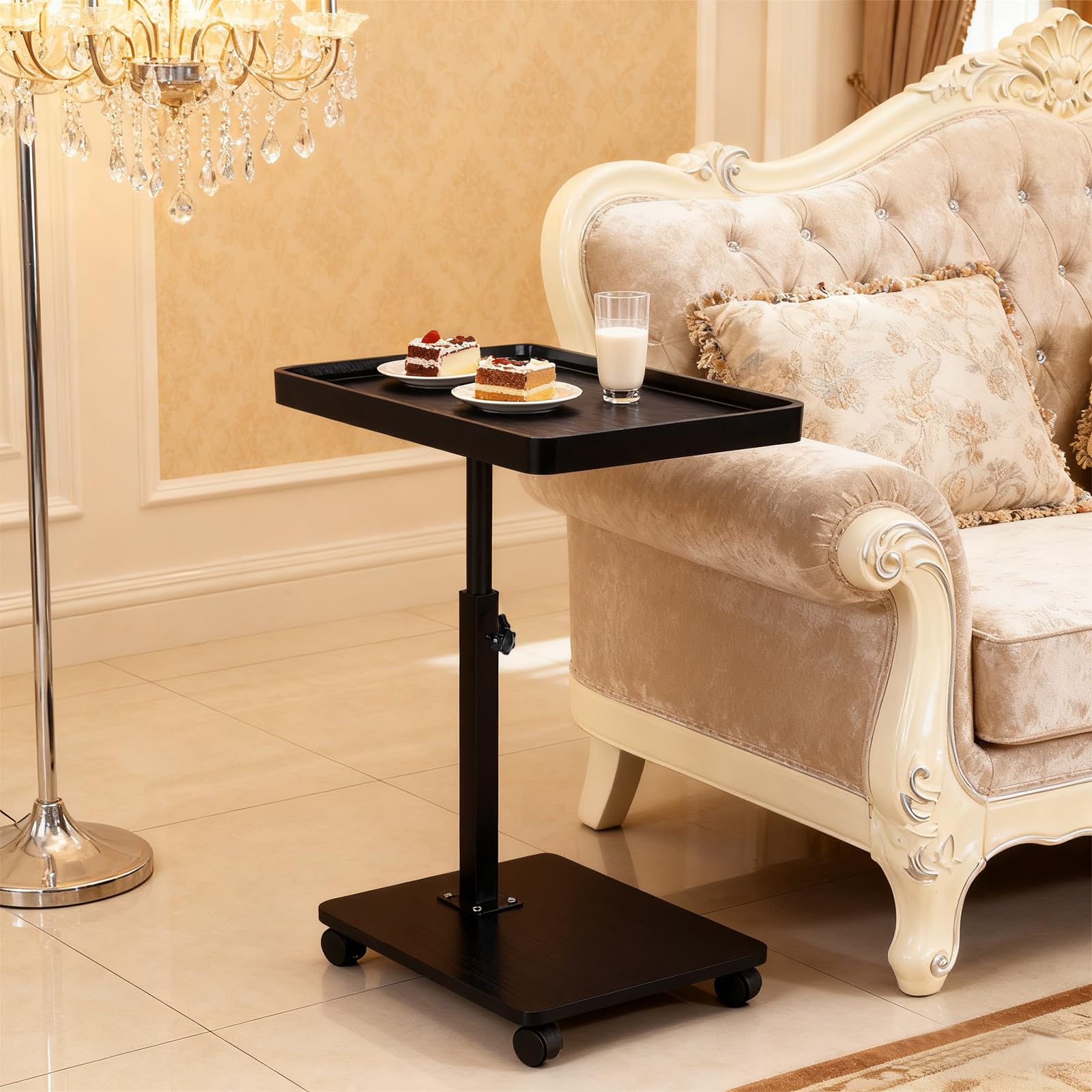 XUDREZ Mesa auxiliar ajustable en forma de C con 4 ruedas giratorias de 360°, mesa auxiliar para sala de estar, dormitorio, sofá, bañera, mesita de noche, lactancia (negro)