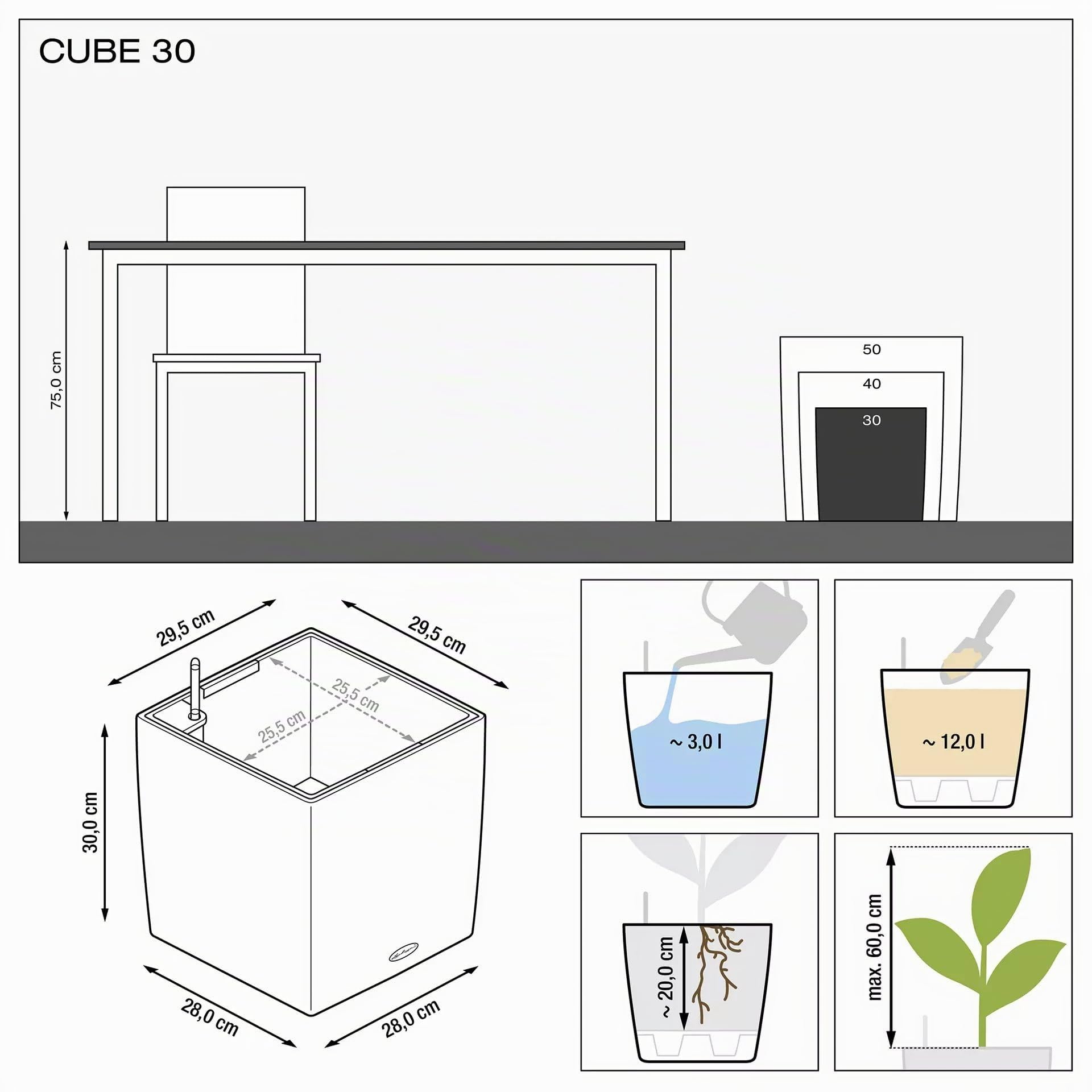 Lechuza – Pot de Fleurs d'Interieur – Premium Cube – Réserve d'Eau Intégrée – Coloris Blanc – 30 x 30 x 30 cm