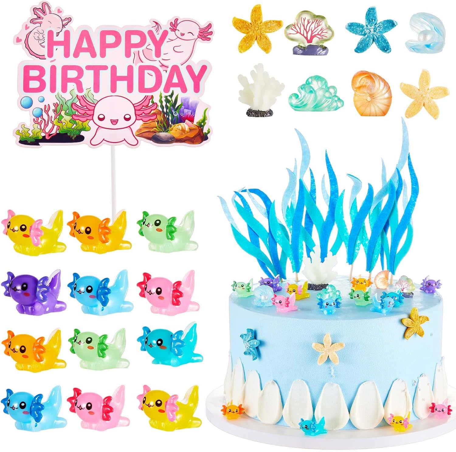 26 Pcs Axolotl Birthday Decorations Supplies Include 1 Cake Topper 3 Bags Artificial Seagrass 22 Pcs Axolotl Cake Decorations for Ocean Party