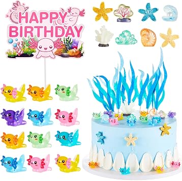26 Pcs Axolotl Cake Topper, Axolotl Cake Decoration, Ocean Party Supplies Include 1 Topper 3 Bags Artificial Seagrass 22 Figurines for Birthday Party Decorations