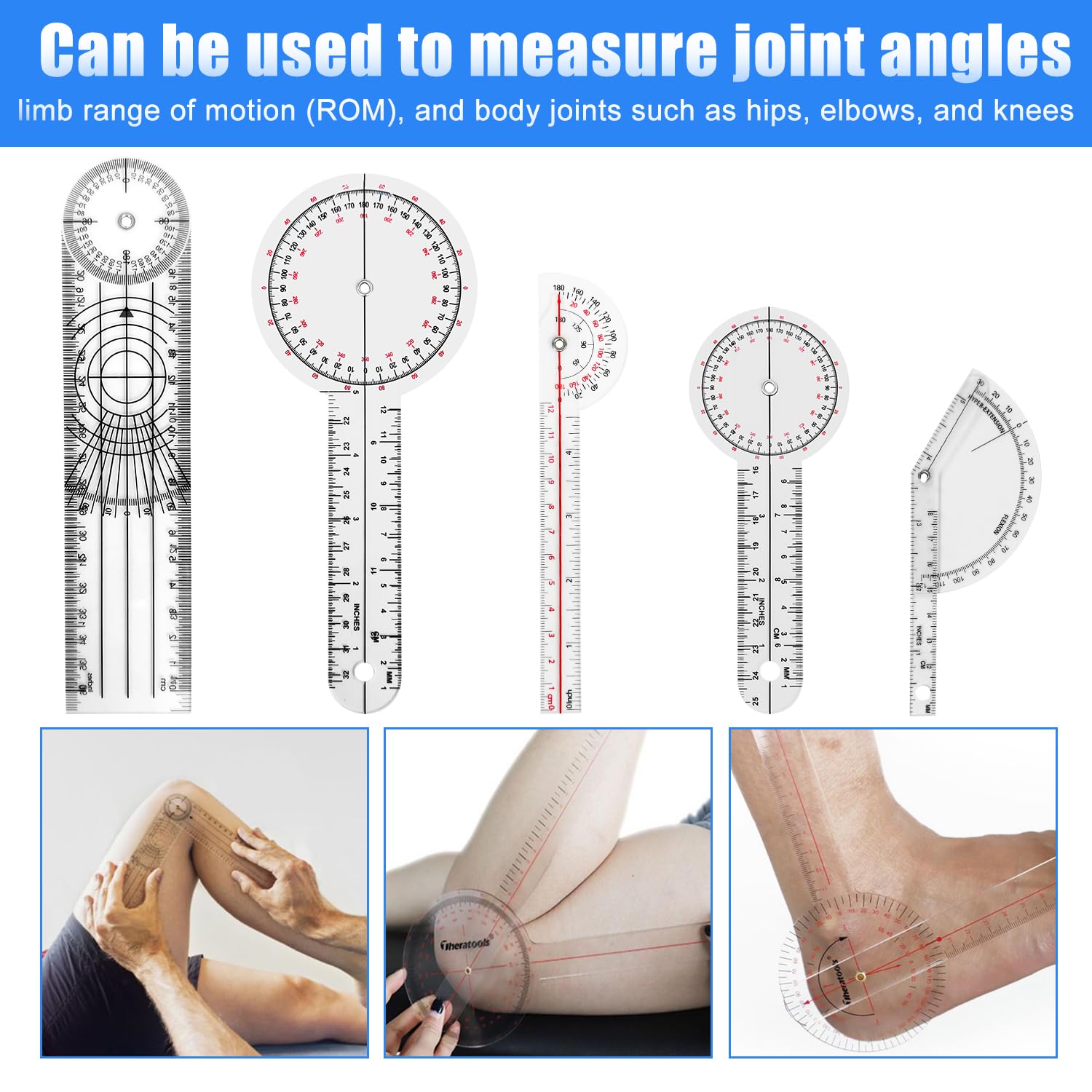 Set di 6 goniometri da 20,3 cm, 15,2 cm, 180, 360, dito, spinale, metro a nastro, goniometro per dita della colonna vertebrale, per misurazione del corpo, goniometro e righello