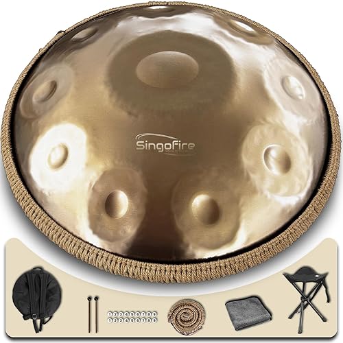 "SINGOFIRE" Handpan Drum, Handpan Drums for Adults, 22-Inch 432Hz D Minor Kurd Handpan, HandPan Instrument (Gold-10Notes（432HZ）, 22-Inch)