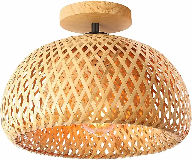Schindora Bamboo Rattan Ceiling Light - Handmade Boho Farmhouse Lamp for Bedroom Hallway