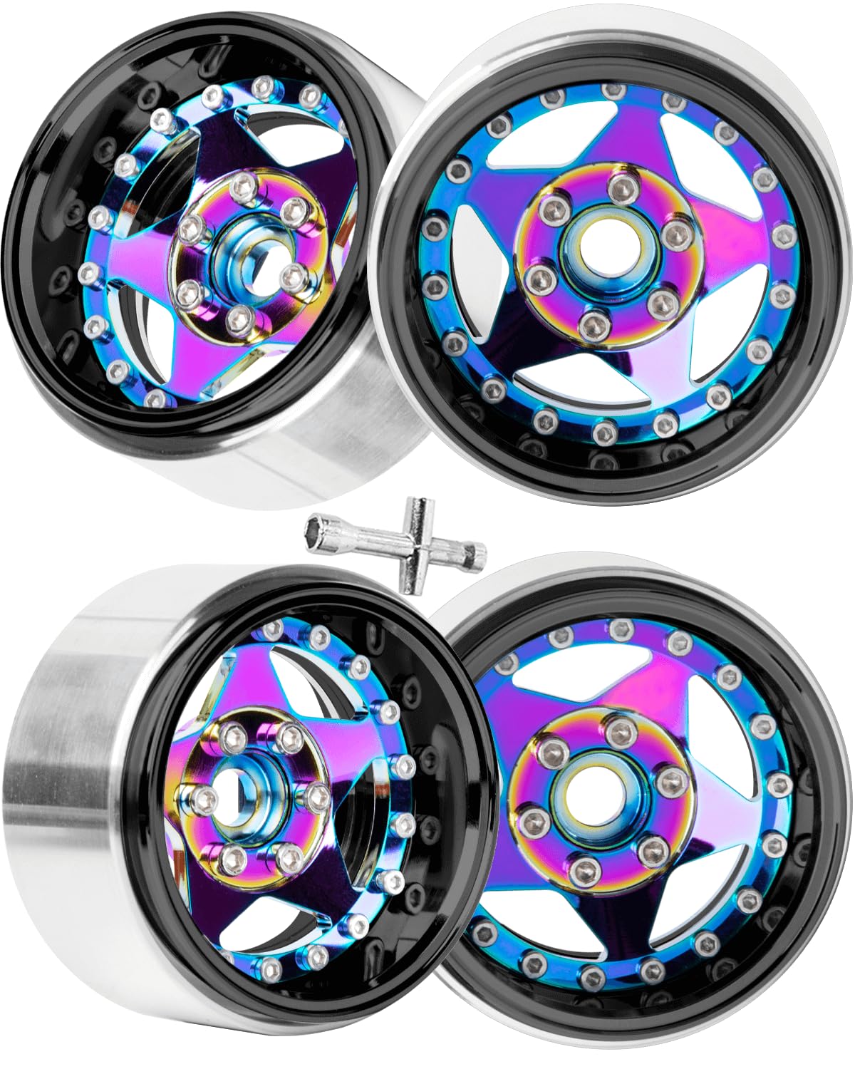 RCHuiWow 1.9in Beadlock Wheels for 1/10 Axia1 SCX10 TRX-4,Alloy Aluminum Heavy Duty 1.9in rc Beadlock Wheels Rims,4pcs,Black & Rainbow (Style A)