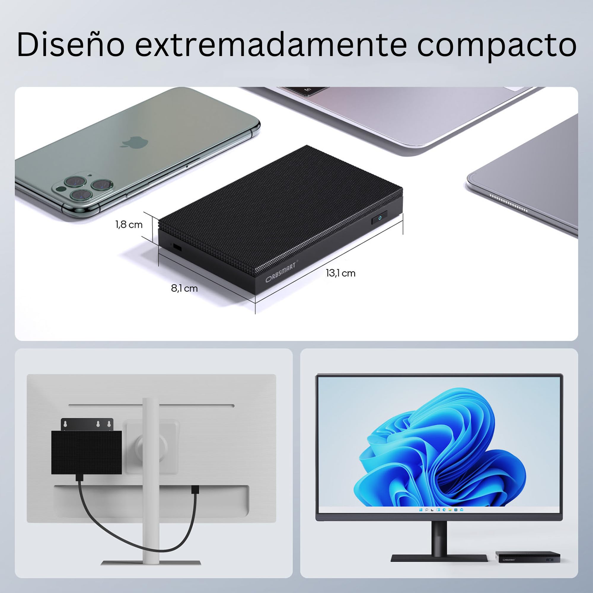 Orbsmart AW-16L Mini PC sin Ventilador Intel N150, 16GB DDR5, 512GB SSD, Windows 11 Pro | Ordenador de Sobremesa Silencioso 0dB | Triple Pantalla 4K, WiFi 6, USB-C | Fabricante Alemán
