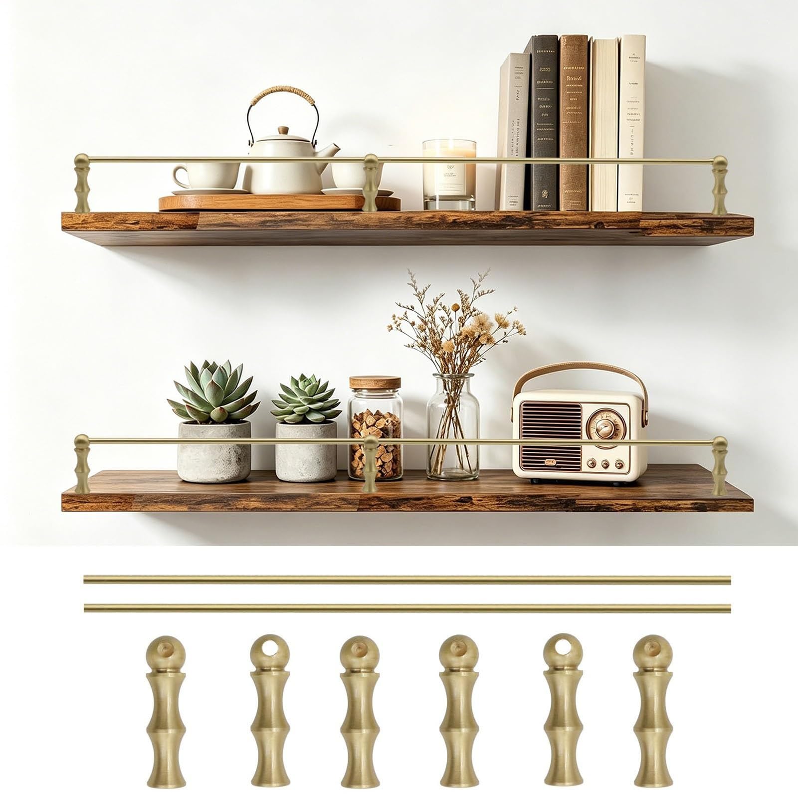 Anticaída Riel De Estante De Latón antiguo, Kit De Rieles Para Estantes Valla, Riel Decorativos Para Estantería De Cocina Barandilla De Protección 20-150cm De Largo | Gold C,135cm