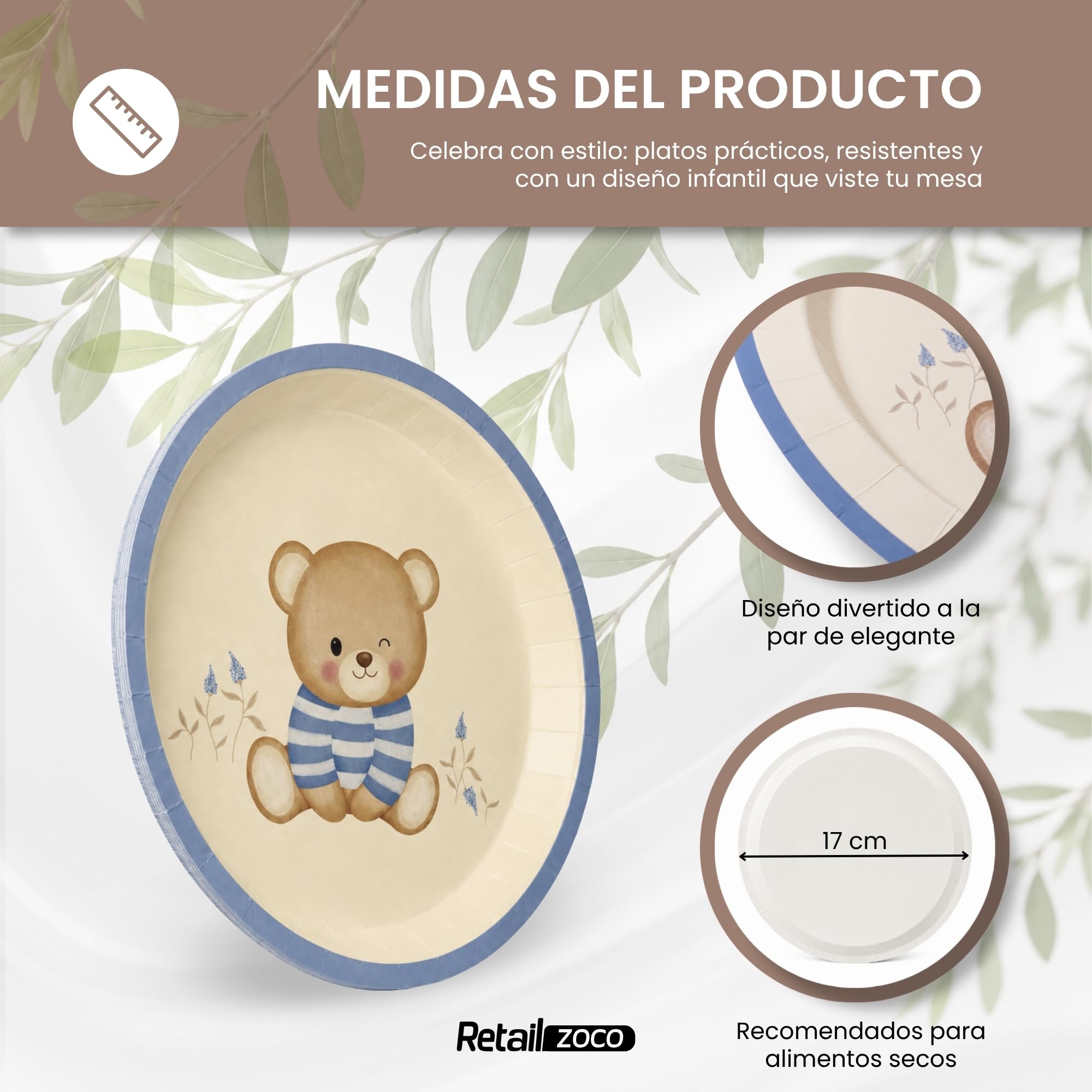 Platos de cartón, Platos Desechables cartón, Diseño Oso Azul, 6 Unidades - imagen 4