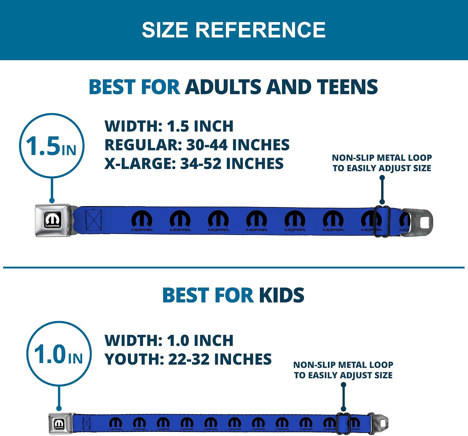 Buckle-Down Belt Seatbelt Buckle Mopar Logo Repeat Blue Black Mens Womens Kids Adjustable