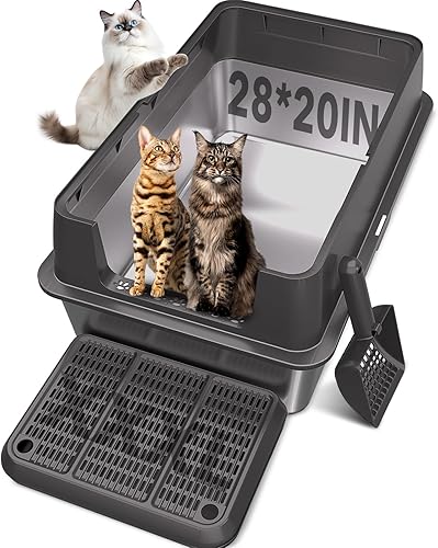 XXL Stainless Steel Litter Box with Lid, 28" Lx20 W Extra Large Cat Litter Boxes for Big Cats, Jumbo Metal Litter Box with Footboard & Scoop,Anti-Leakage,Non-Sticky,Odorless,Easy to Clean