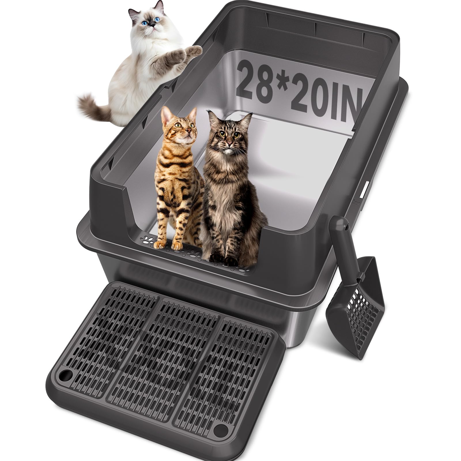 XXL Stainless Steel Litter Box with Lid, 28' Lx20 W Extra Large Cat Litter Boxes for Big Cats, Jumbo Metal Litter Box with Footboard & Scoop,Anti-Leakage,Non-Sticky,Odorless,Easy to Clean