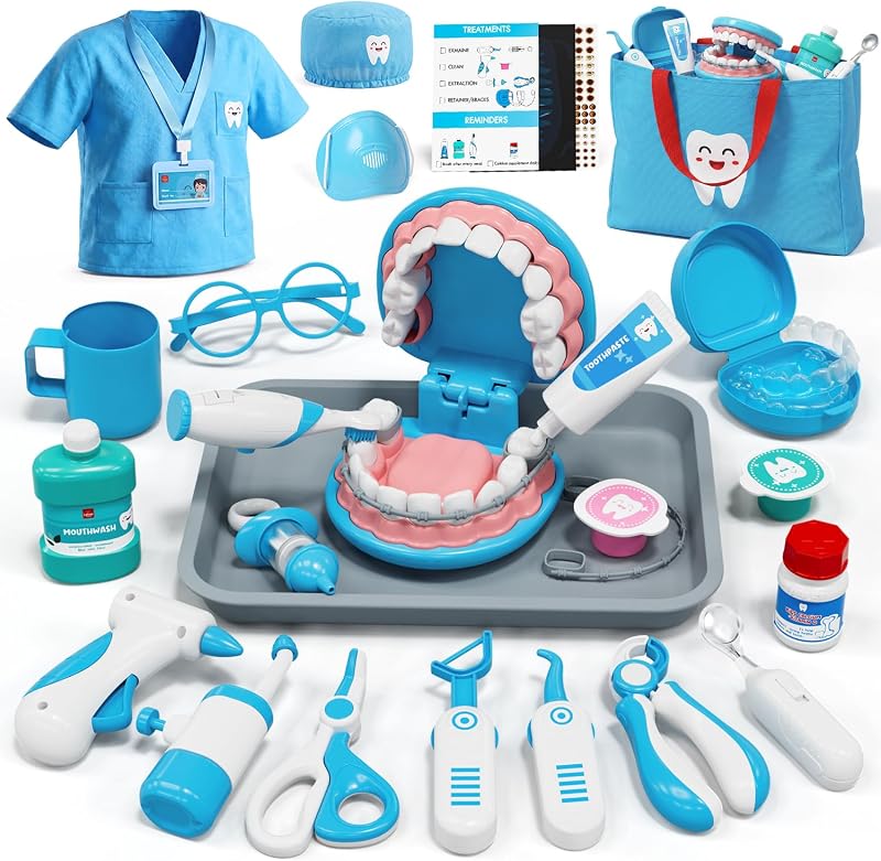 Doctor Kit for Toddlers 3-5, Kids Dentist Play Set (Blue) | Pretend Play Toys for 3 4+ Year Old Girls Boys, Kids Doctor Playset with Oversized Teeth, Costume, Medical Bag