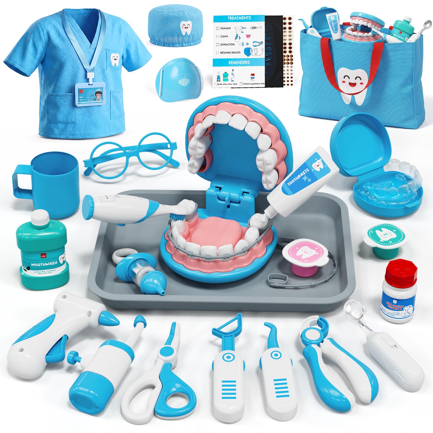 Doctor Kit for Toddlers 3-5, Kids Dentist Play Set (Blue) | Pretend Play Toys for 3 4+ Year Old Girls Boys, Kids Doctor Playset with Oversized Teeth, Costume, Medical Bag