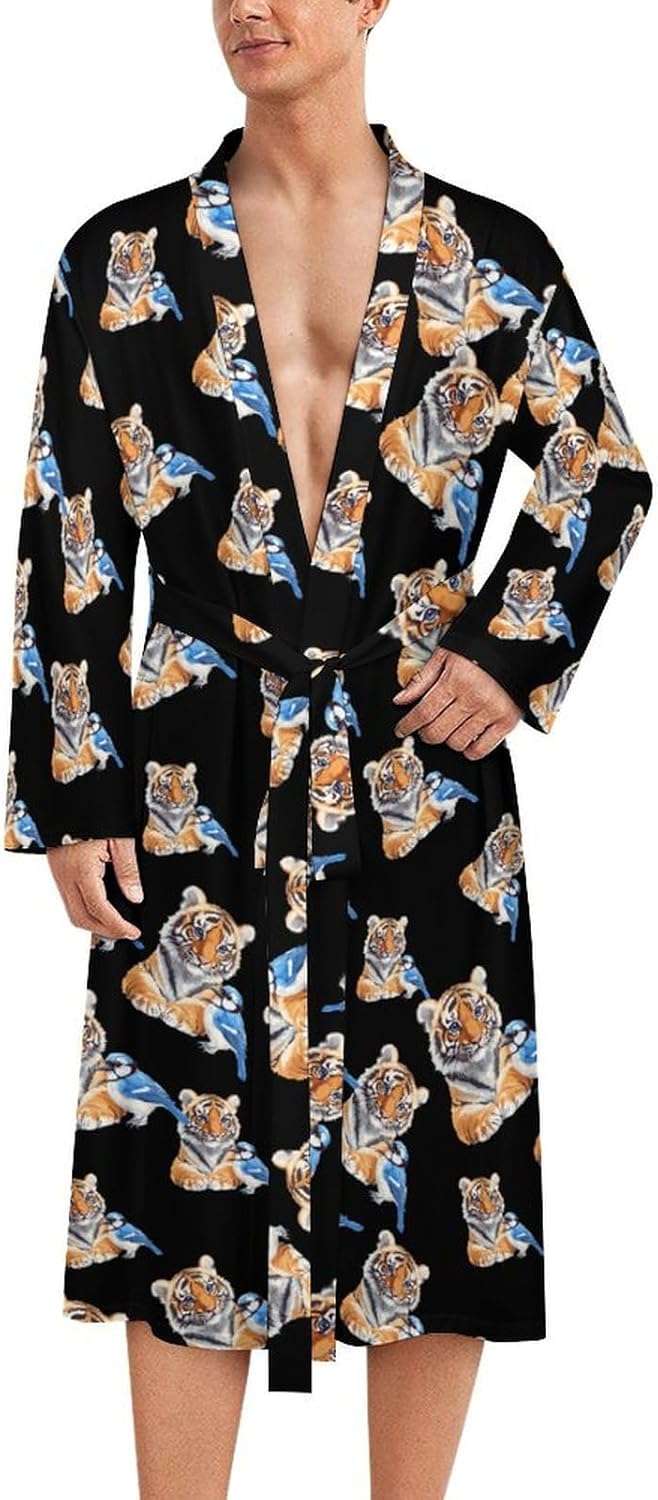 Tiger And Blue Jay Bird Mens Robe Long Bathrobe for Women Bath Robes Lightweight Soft Printed Sleepwear