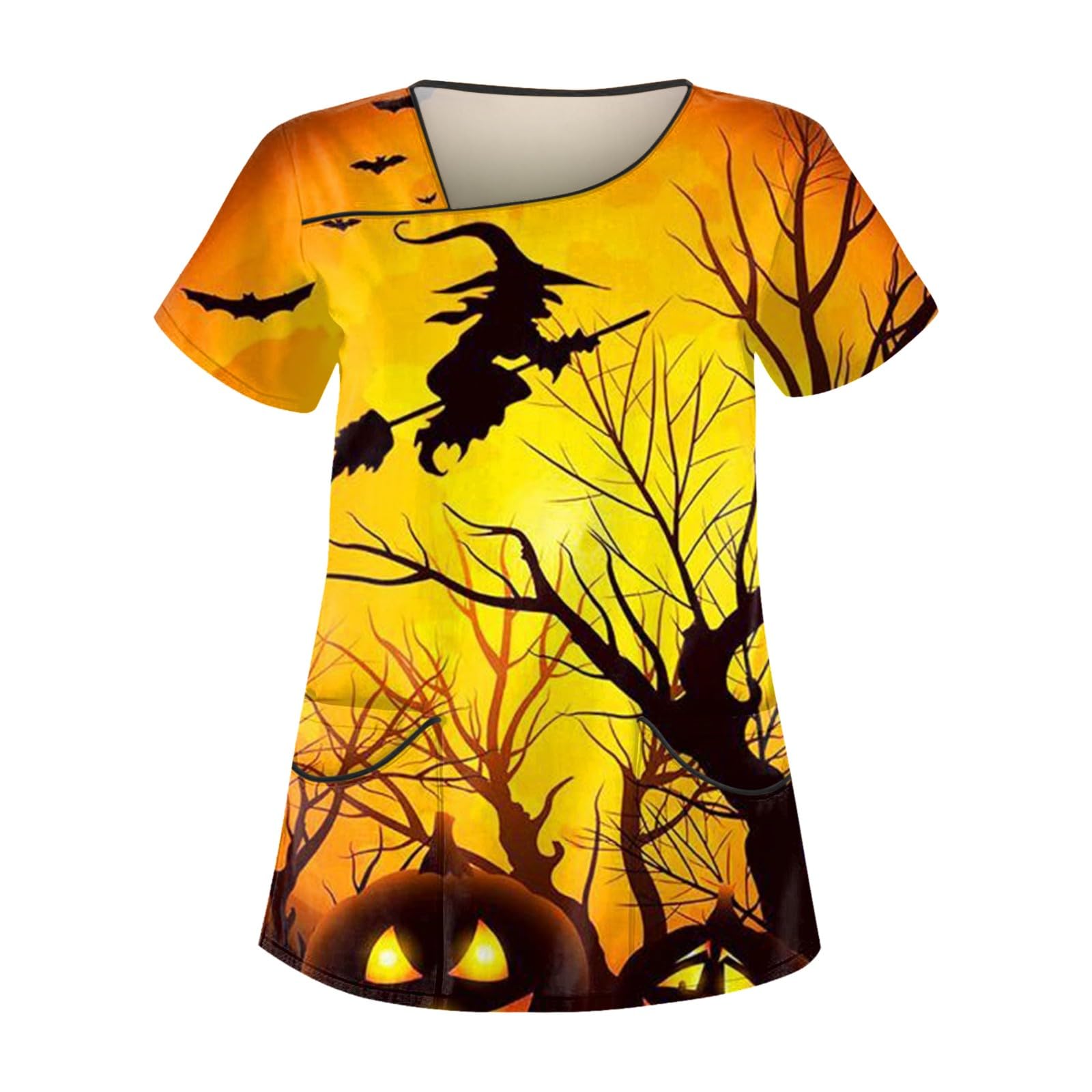Women Halloween Printed Scrubs Pumpkin V Neck Comfortable Easy Fit Lightweight Soft Stretch Medical Tops