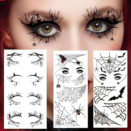 4 pares de calcomanías de tatuaje temporales de sombra de ojos de Halloween, calcomanías delineadoras de ojos y 2 hojas de telaraña, calavera,