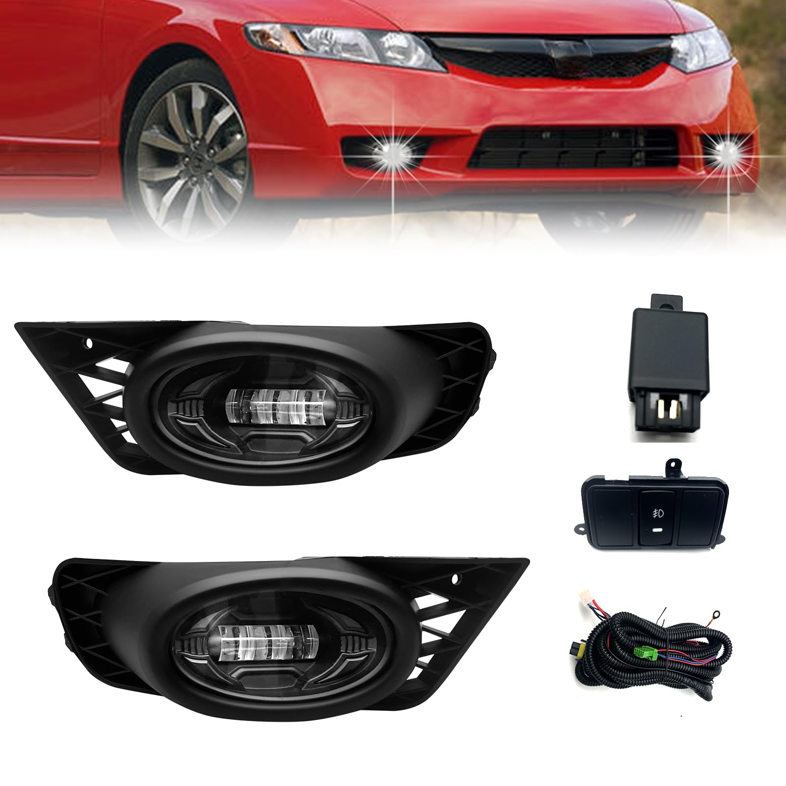 LED Fog Lights Assembly Replacement for 2009 2010 2011 Honda Civic Sedan, Front Bumper Driving Fog Lamps with Clear Lens Assembly Replacement - 2PCS