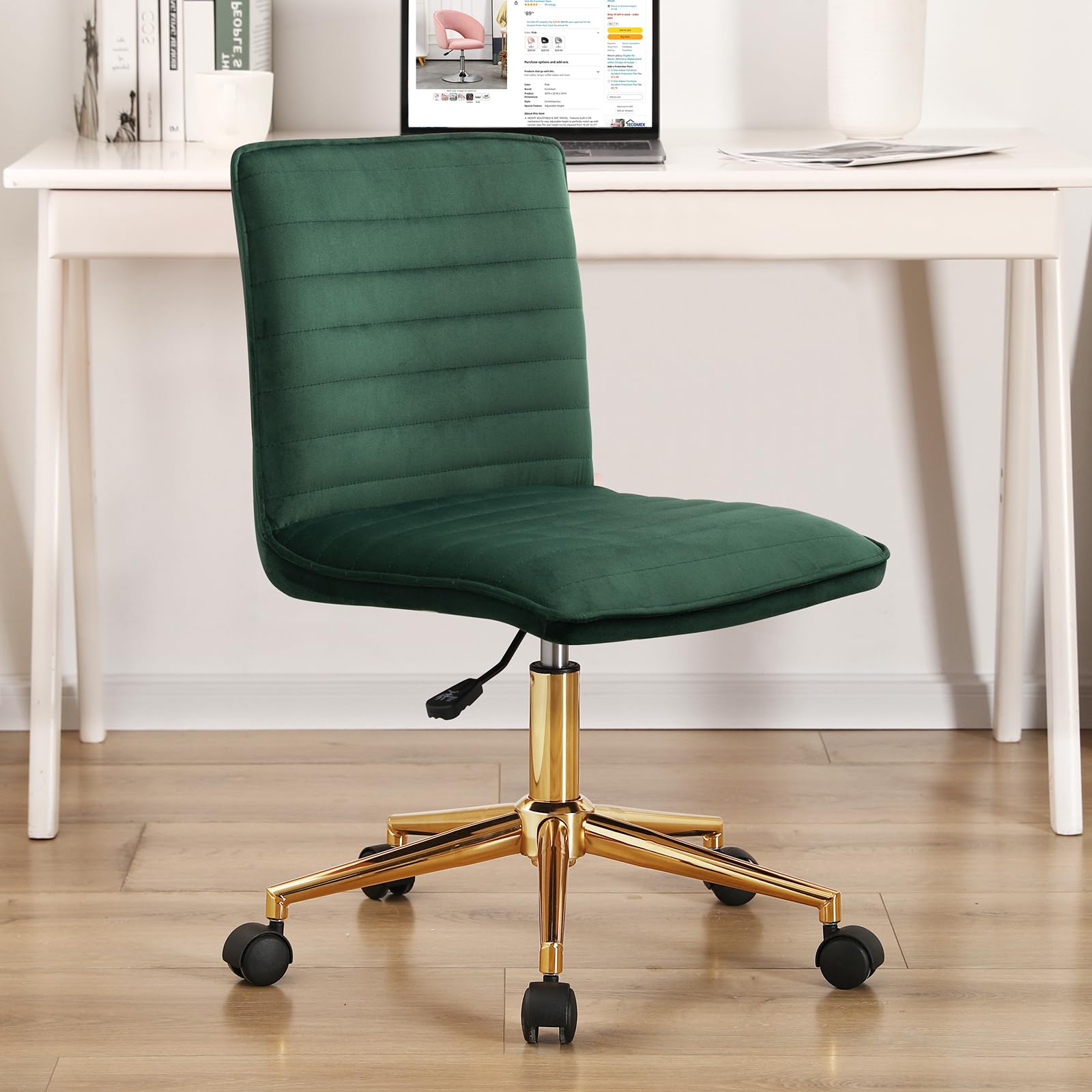 Furnimart Velvet Home Office Armless Desk Chair Adjustable Task Chairs Small Swivel Upholstered Office Chair Students Desk Chair Mid-Back Home Office