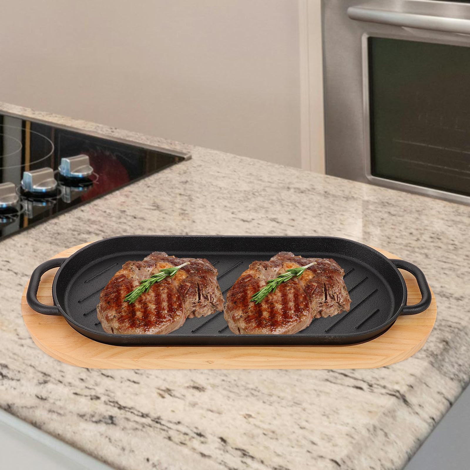 Plancha de Hierro Fundido para Filetes con Doble Asa, Fácil de Transportar Rebabas, Adecuado para Asar en Familia Días Festivos