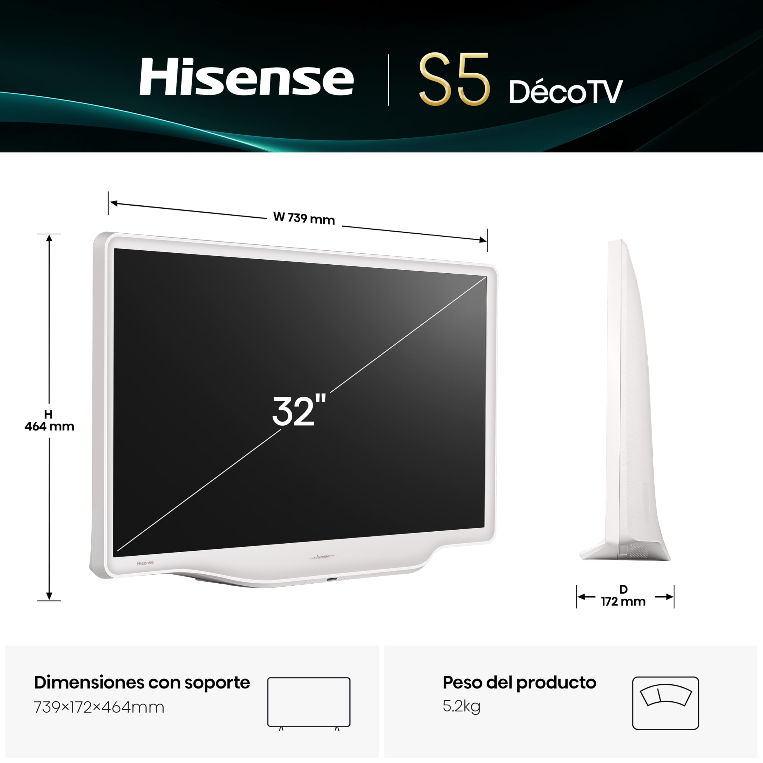 Hisense 32S5Q - Hi-QLED Smart TV 32 Pulgadas, Lifestyle TV, Diseño Artístico, Gallery Color, Dolby Atmos, Diseño Versátil, Modo Arte, Peana Moderna, Share to TV