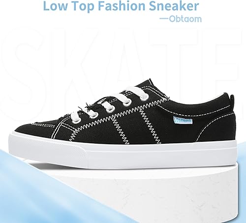 Miniatura 2 de Obtaom Zapatillas de moda blancas para mujer, lindas zapatillas de lona con cordones, parte superior baja, lona lavada, planas para dama