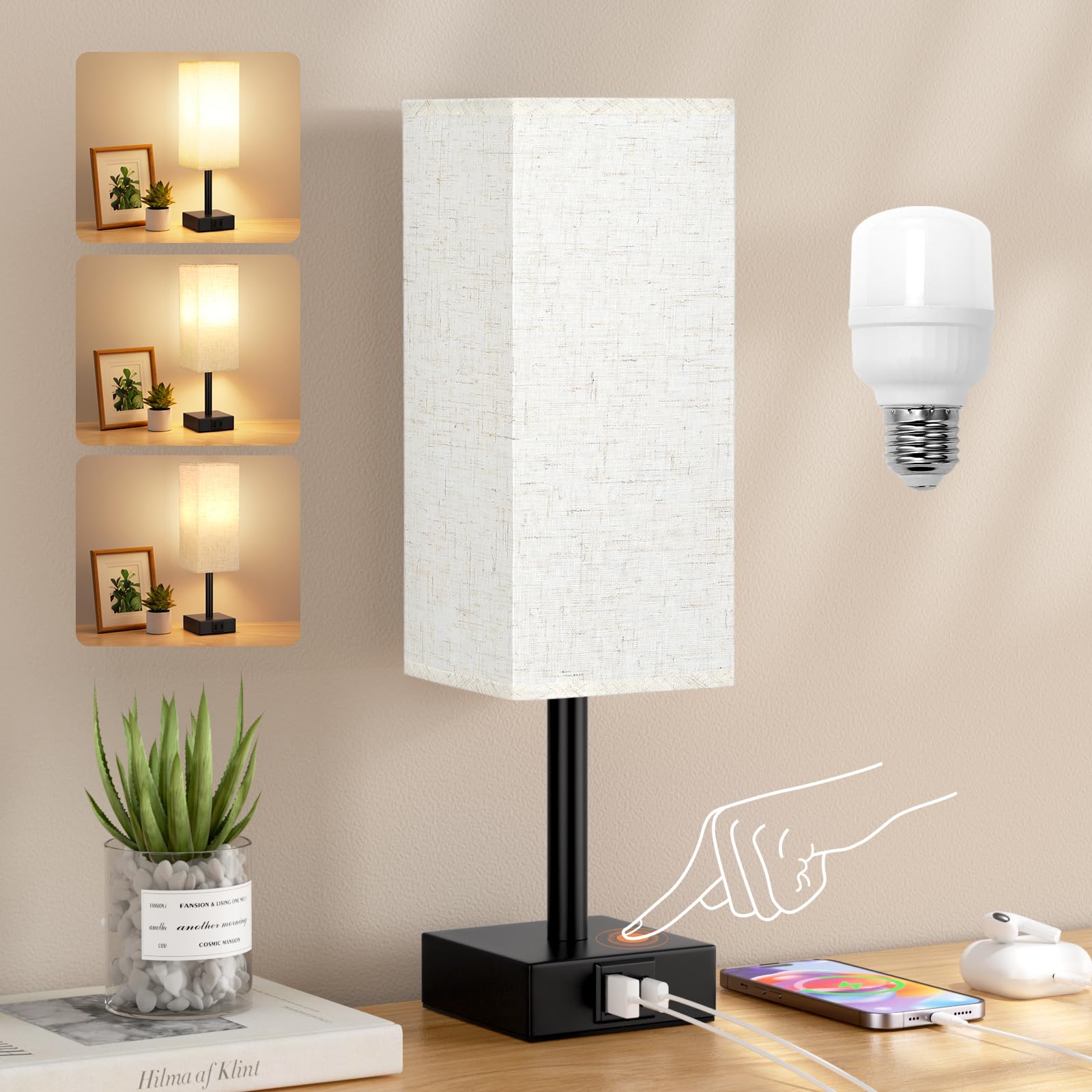 Aooshine Dimmable Bedside Lamps, Small Lamp with 3-Way Dimmable with Touch Control, Touch Lamps Bedside with Beige White Shade(Bulbs Included)