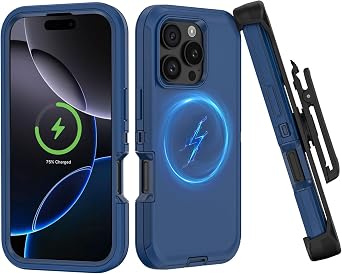 Compatible with iPhone 16 Pro Max Case, with Belt Clip Holster Heavy Duty Magnetic Wireless Charging Full Body Protection Kickstand Cover for iPhone 16 Pro Max 6.9 inch Phone Navy Blue