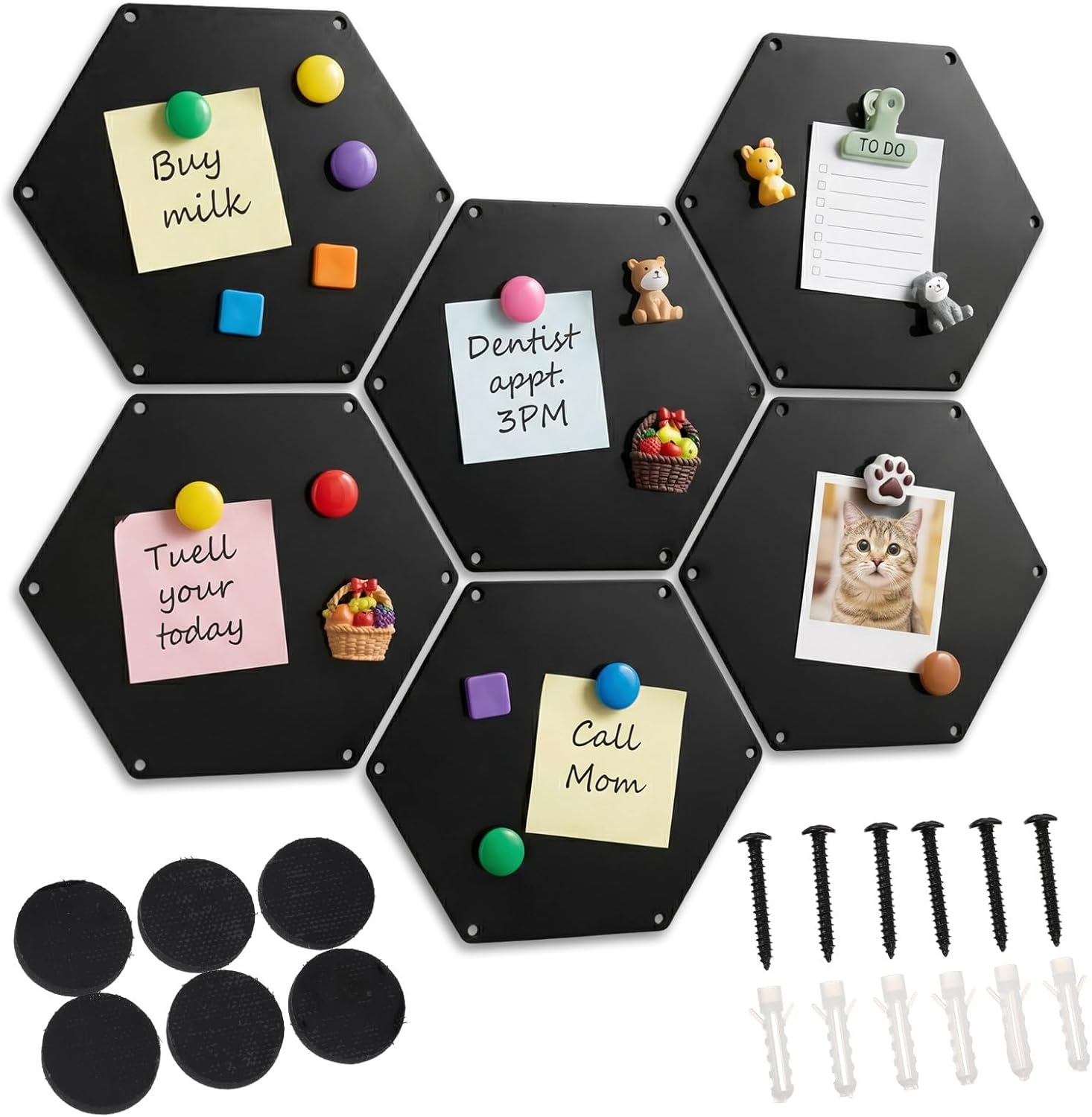 LEIFIDE 6 Pcs Black Magnetic Board 12 x 10 Inch Wall Mounted Hexagonal Magnet Bulletin Board Suitable for Displaying Notes Memos Photos Office Supplies Kitchenware Vision Boards, Equipped with Screws