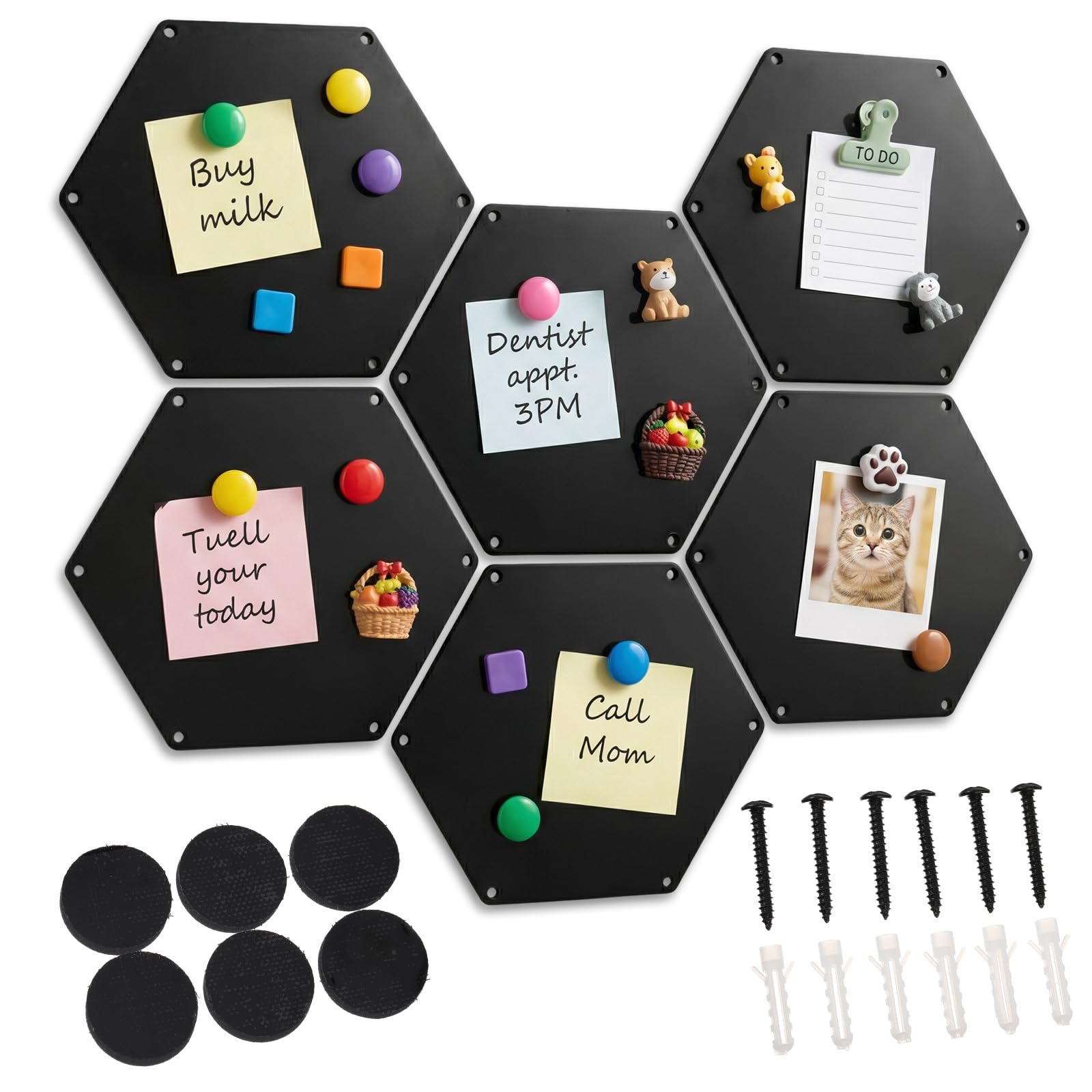 LEIFIDE 6 Pcs Black Magnetic Board 12 x 10 Inch Wall Mounted Hexagonal Magnet Bulletin Board Suitable for Displaying Notes Memos Photos Office Supplies Kitchenware Vision Boards, Equipped with Screws