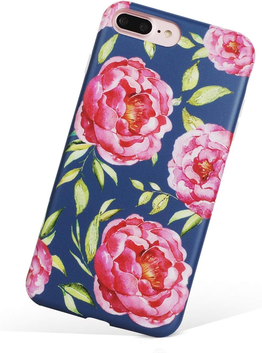 Zeronal iPhone 8 Plus Case Flower Pink iPhone 7 Plus Floral Red Case Cover for Girl Women Cute Pretty IMD Anti-Yellow Anti-Scratch Shockproof Protective for iPhone 8/7 Plus Poney Case Navy Blue