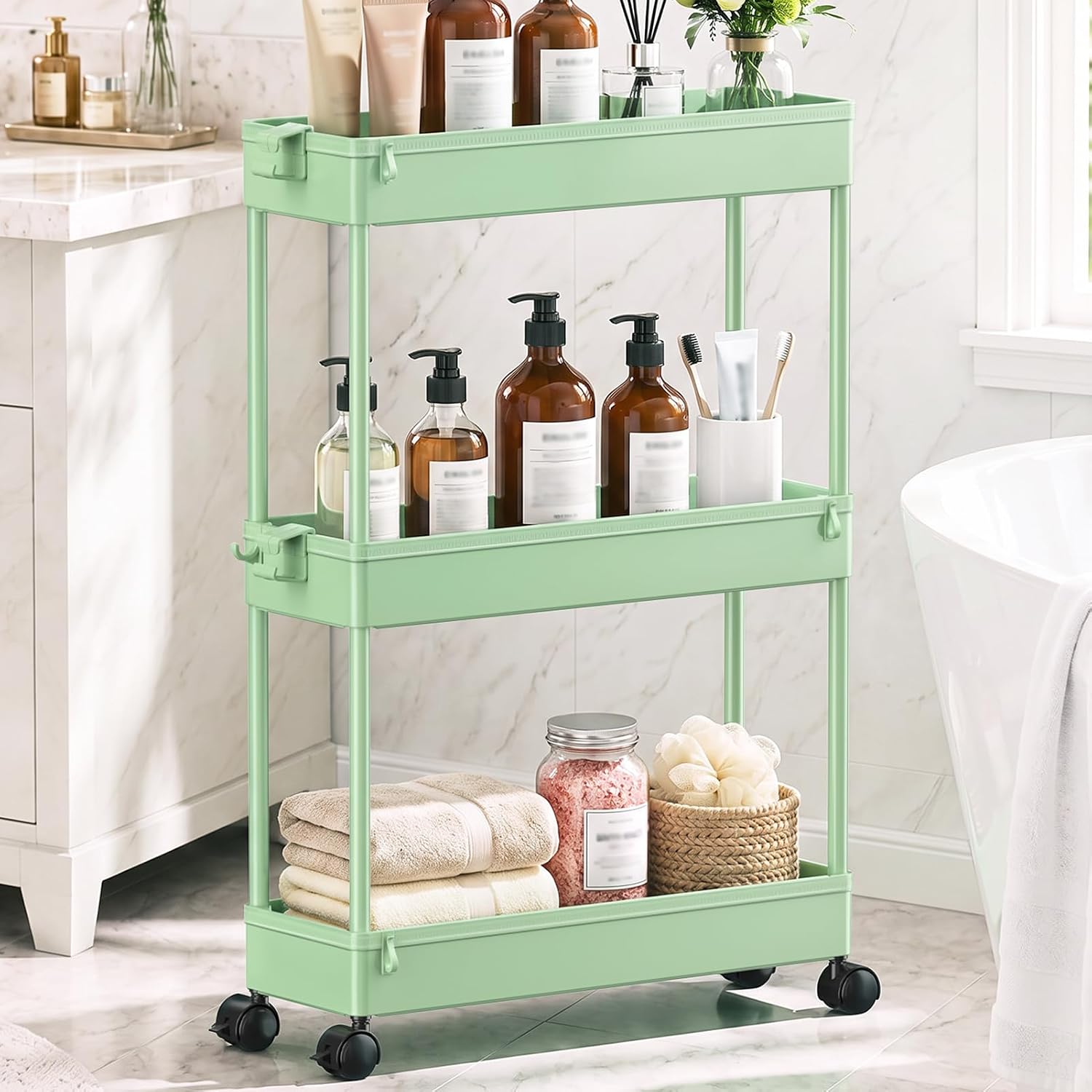 SPACEKEEPER Slim Rolling Storage Cart, 3 Tier Bathroom Cart Organizer,Green