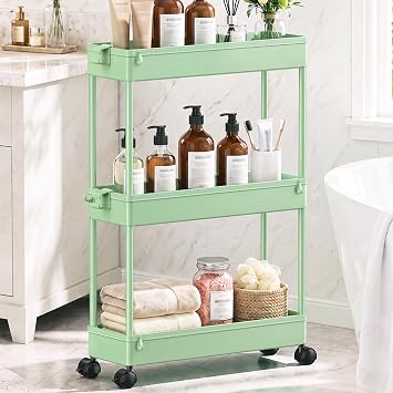 SPACEKEEPER Slim Rolling Storage Cart, 3 Tier Bathroom Cart Organizer,Green