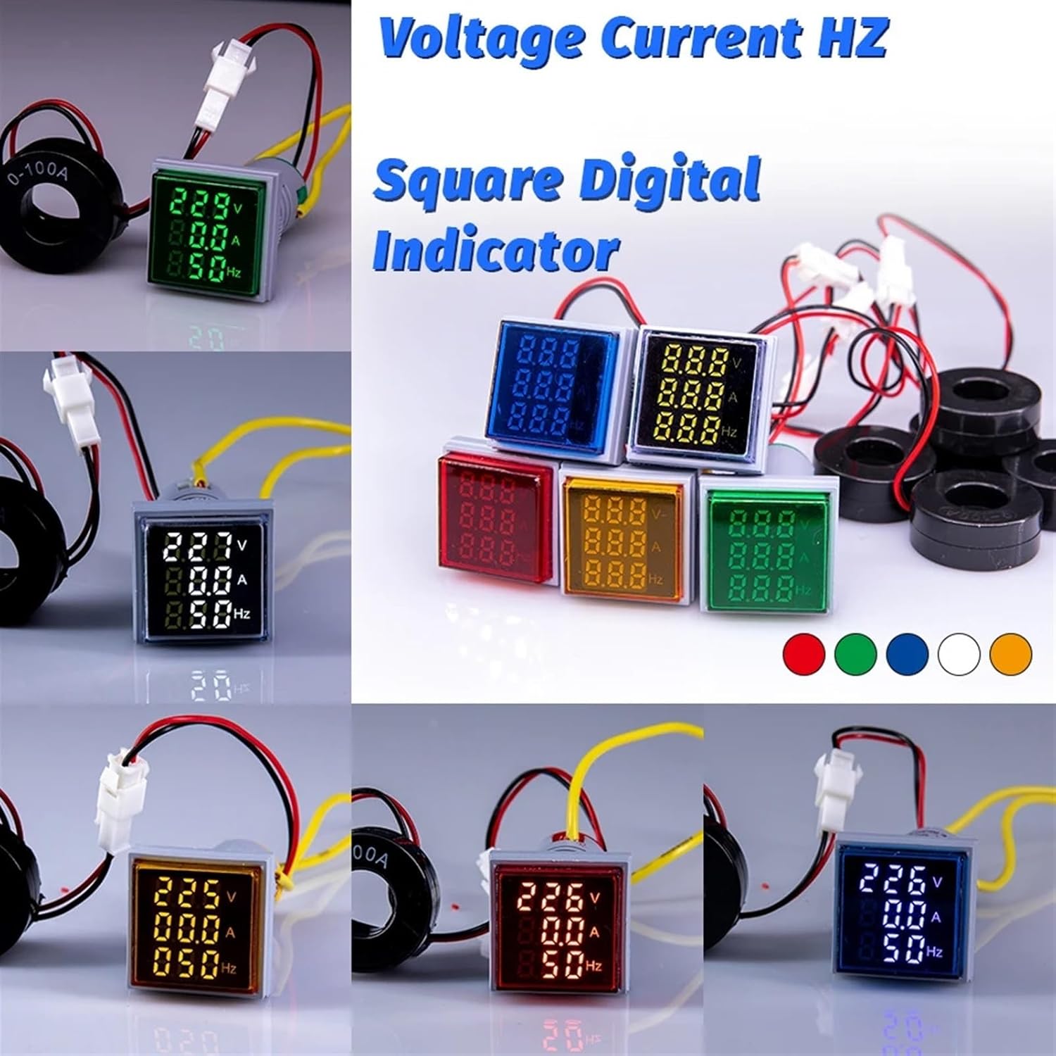 22mm AC 60-500V 1-100A Voltmeter Ammeter Hz Indicator Digital 20-75Hz Current Frequency Meter Digital Voltage Amp Led Lamp(White)