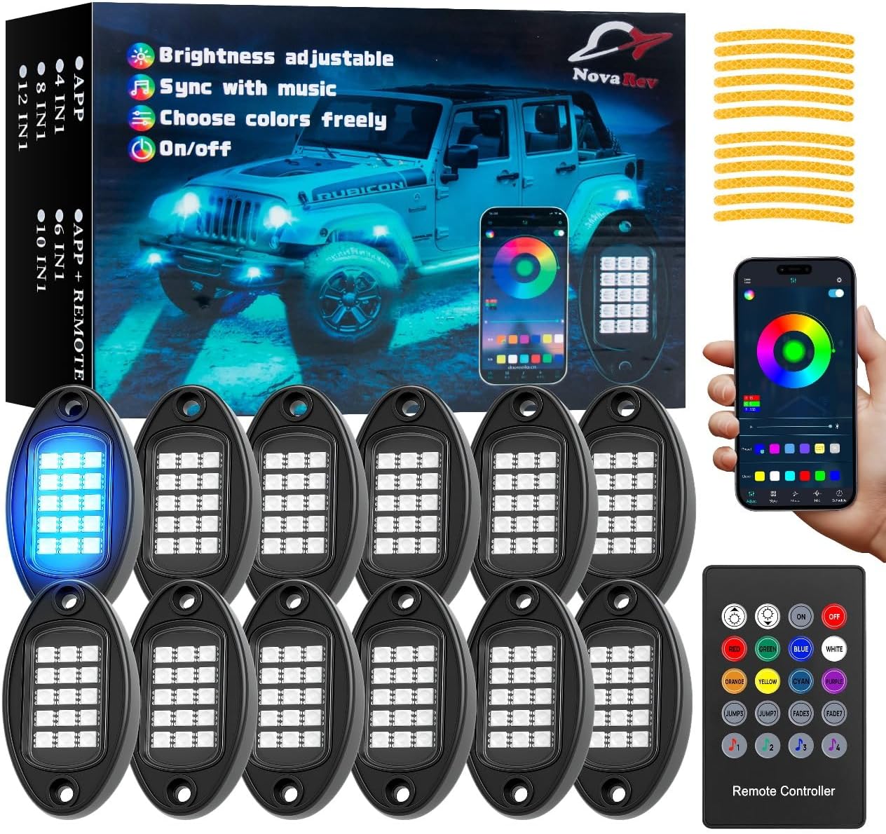 12 Pods RGB LED Rock Lights for Trucks Comes with App, Remote Control Music Mode, Warning Sticker, Multi-Zone Under Glow Lights, High Bright Multicolor, IP68 Waterproof Neon Accent Lighting