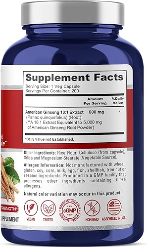 Miniatura 2 de American Ginseng 5000 mg - 200 cápsulas vegetarianas vegetariano sin OMG y sin gluten