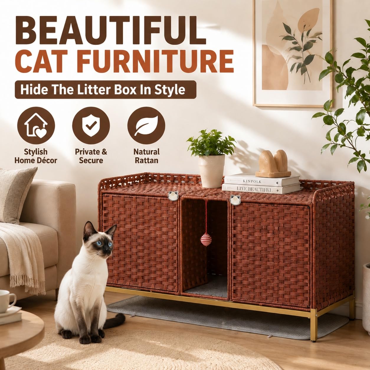 Garvee Katzenklo-Schrank aus handgeflochtenem Rattan, geruchsreduzierende Doppelbox für 2 Katzentoiletten, mit Tür, Belüftung, erhöhten Metallfüßen, Streumatte & S-Haken, Braun