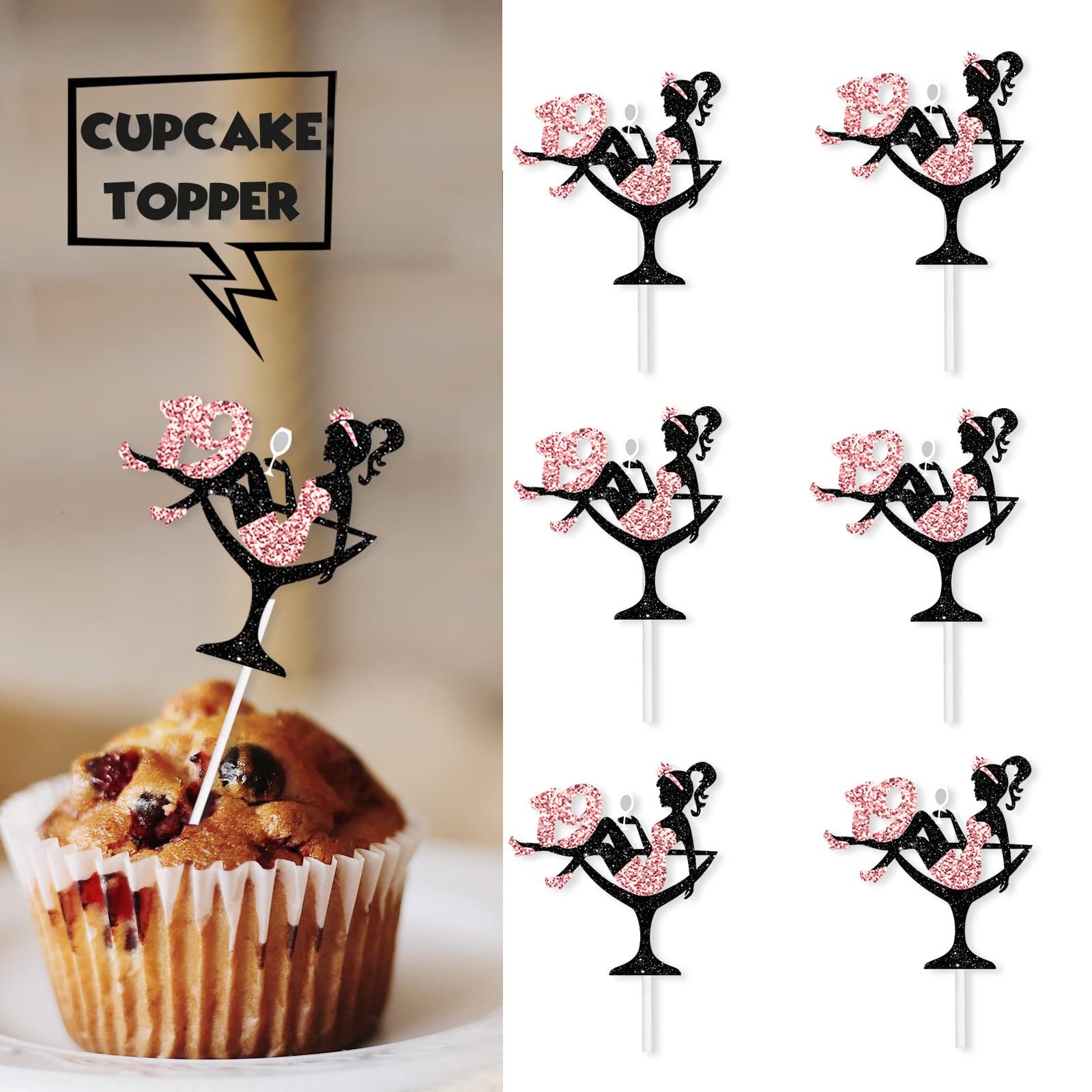 18pcs Pink Glitter 19 Silhouette High Heeled Sitting Girl Cupcake Topper Makeup Spa Theme Party Decoration Supplies Girl Lady Women 19th Happy Birthday Party Decor Supplies
