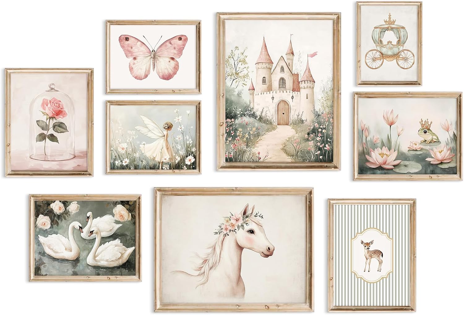 Vintage Fairy Nursery Wall Art Baby Girl Room Canvas Wall Decor Pink Fairytale Poster Pastel Floral Swan Paintings Magic Fantasy Pictures Pink Nursery Artwork for Girls Bedroom 12x16x9 Inch Unframed