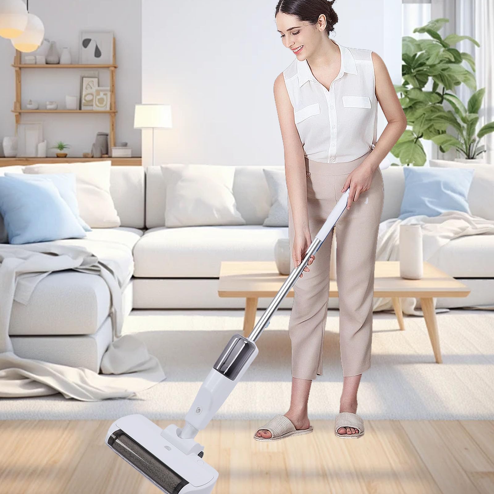 Lavapavimenti Elettrico Senza Fili Lavapavimenti a Secco 2 in 1 con Faro LED, Batteria 2000mAh 1 Ora di Autonomia, Acqua Spruzzata per Piastrelle in Legno Laminato
