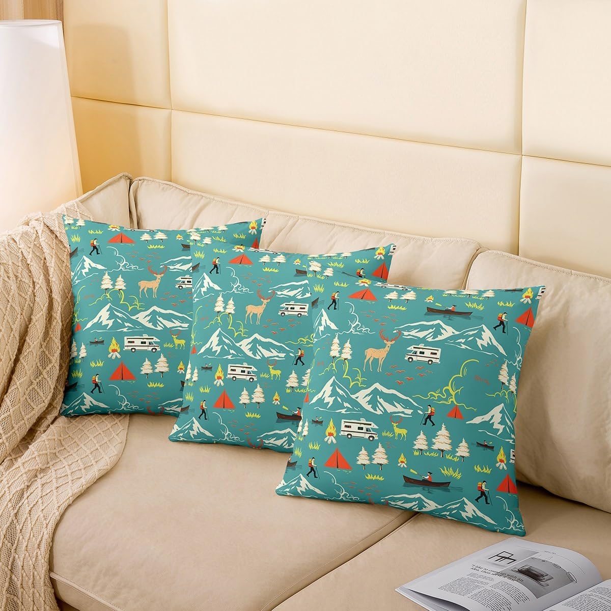 Camping Throw Pillow Covers 24x24 inch Set of 2, Farmhouse Camper Car Pillow Covers for Bed Sofa, Deer Wild Animals Cushion Covers, Mountain Adventure Firemen Woodland Decorative Pillow Covers, Green