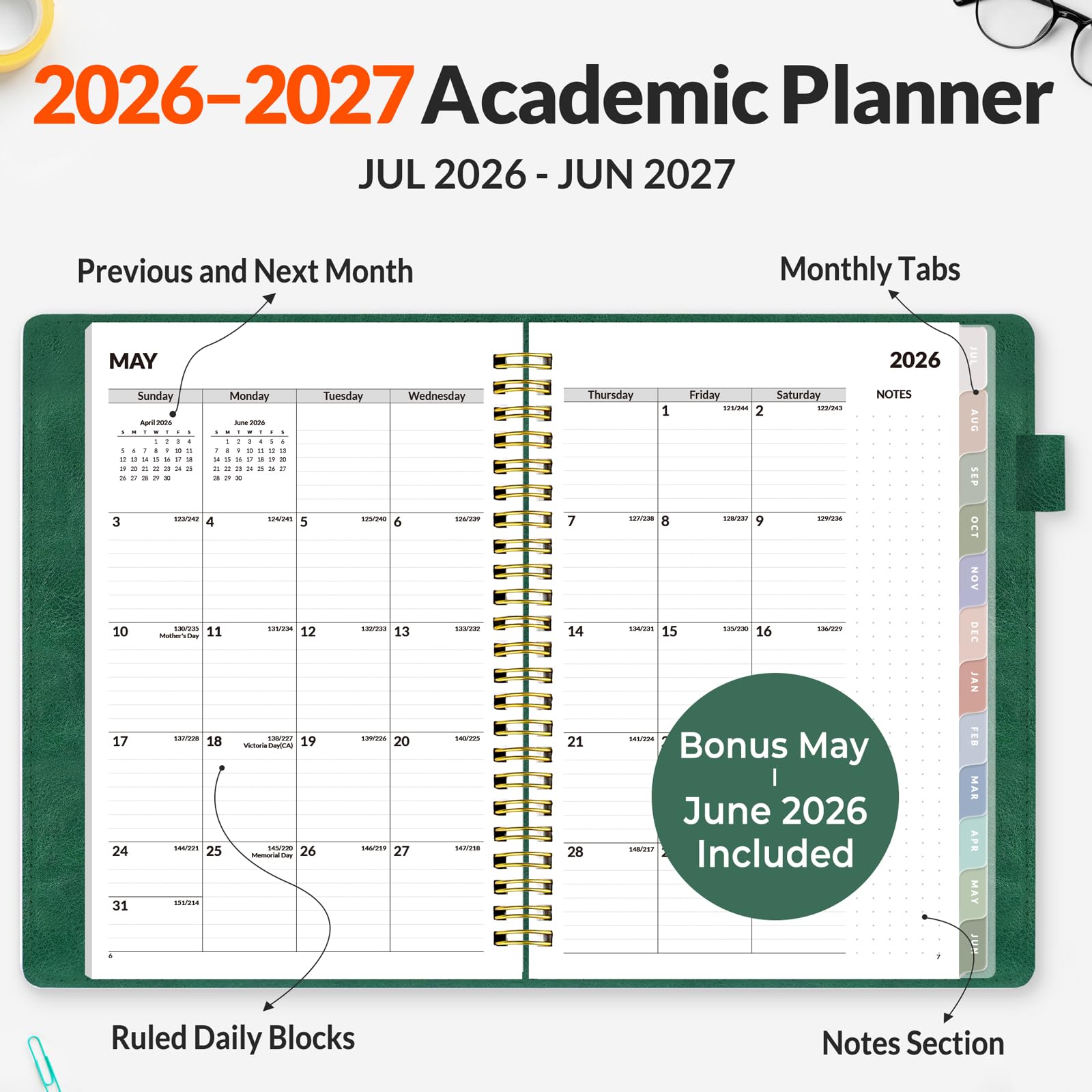 SUNEE Agenda settimanale e mensile 2026-2027, 16,3 x 21,6 cm, 12 mesi (luglio 2026 - giugno 2027), copertina in pelle vegana, calendario accademico, tasca, appunti, scheda mensile, verde scuro