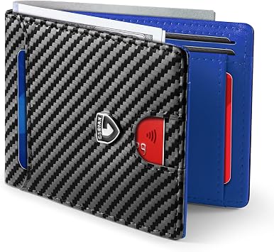 GSOIAX Slim Wallet for Men RFID Blocking Bifold Wallet Carbon Fiber Front Pocket Wallet with 11 Card Holders Minimalist Mens Wallet with Gift Box, Carbon Blue, 4.3" x 3" x 0.5", Slim