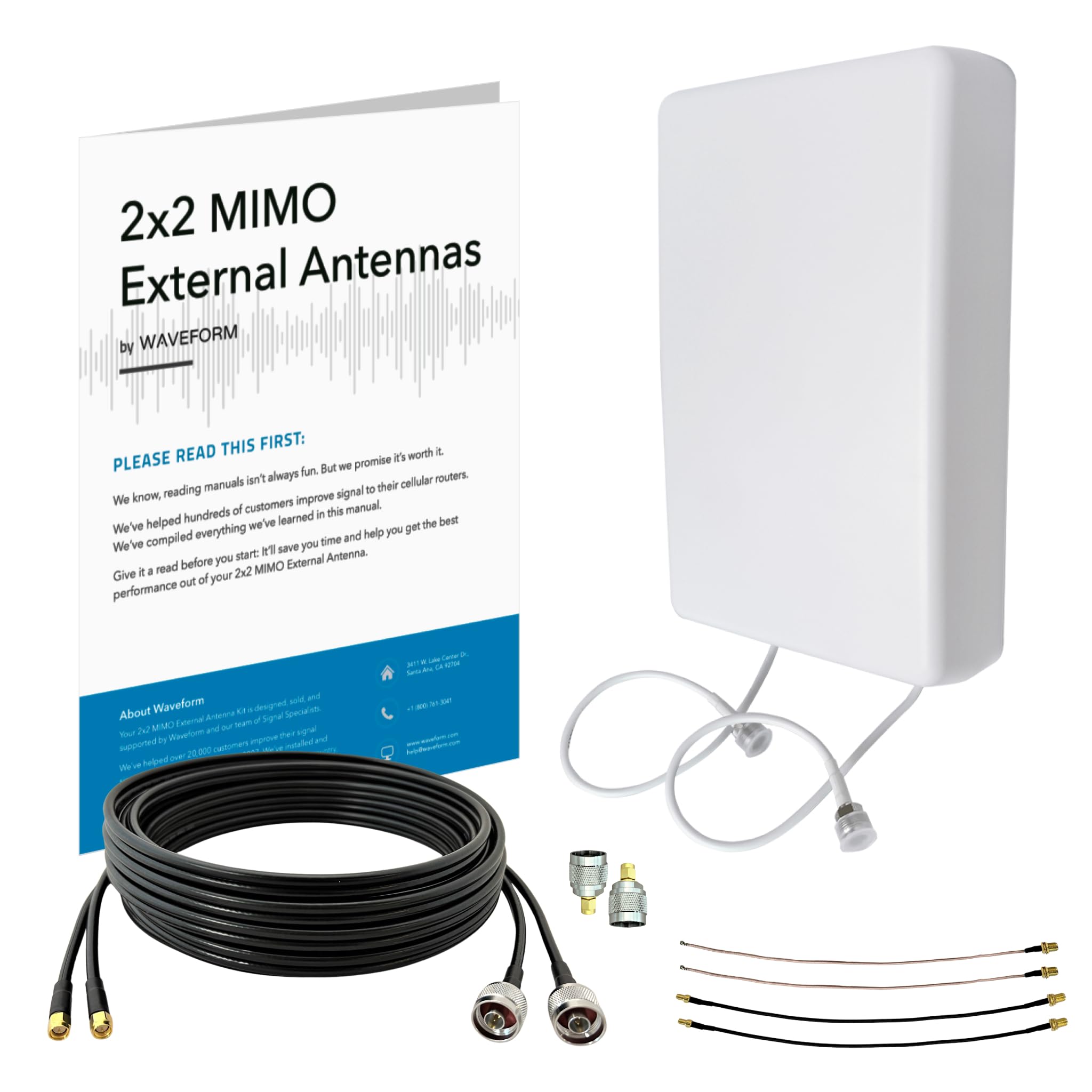 MIMO Panel Antenna Kit by Waveform | +9 dBi Gain | 600-2700 MHz | for 3G, 4G LTE, 5G Modems, Routers, & Cell Boosters | TS9, SMA, U.FL Adapters (Wall Mount Kit w/ 30' Cables + Adapters)