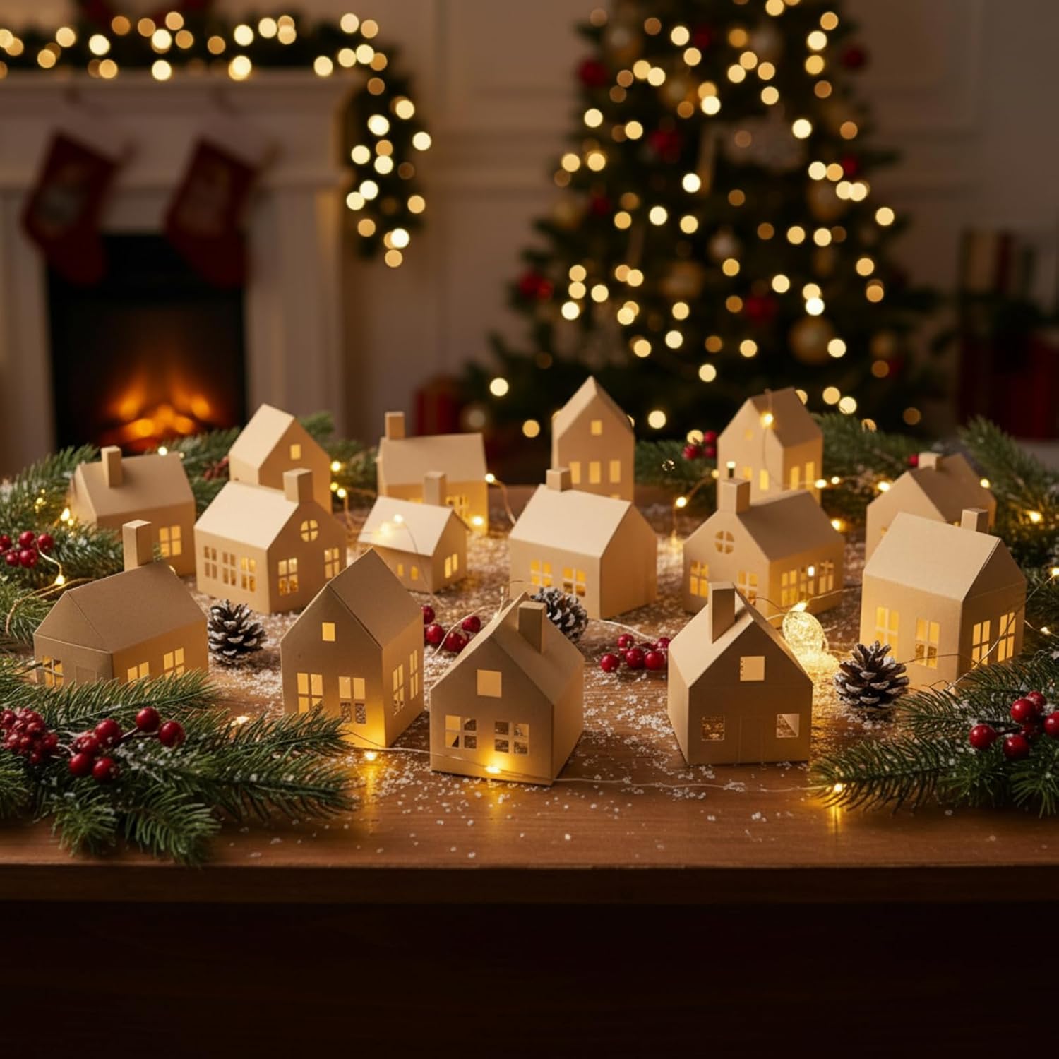 Epakh 12 Pcs DIY Putz House Village Kit for Christmas Unassembled Mini Cardboard Houses to Make Your Own Glitter Village (Kraft Brown)