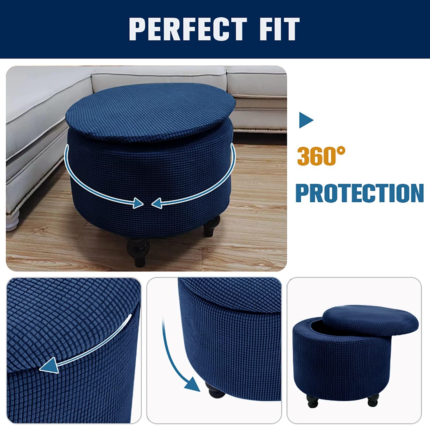 Round Ottoman Cover with Storage 2-Piece Stretch Stool Slipcover Soft Footstool Protector Covers Removable Washable Storage Stool with Cover Lid Folding Stool Covers for Home Decor (Navy Blue)